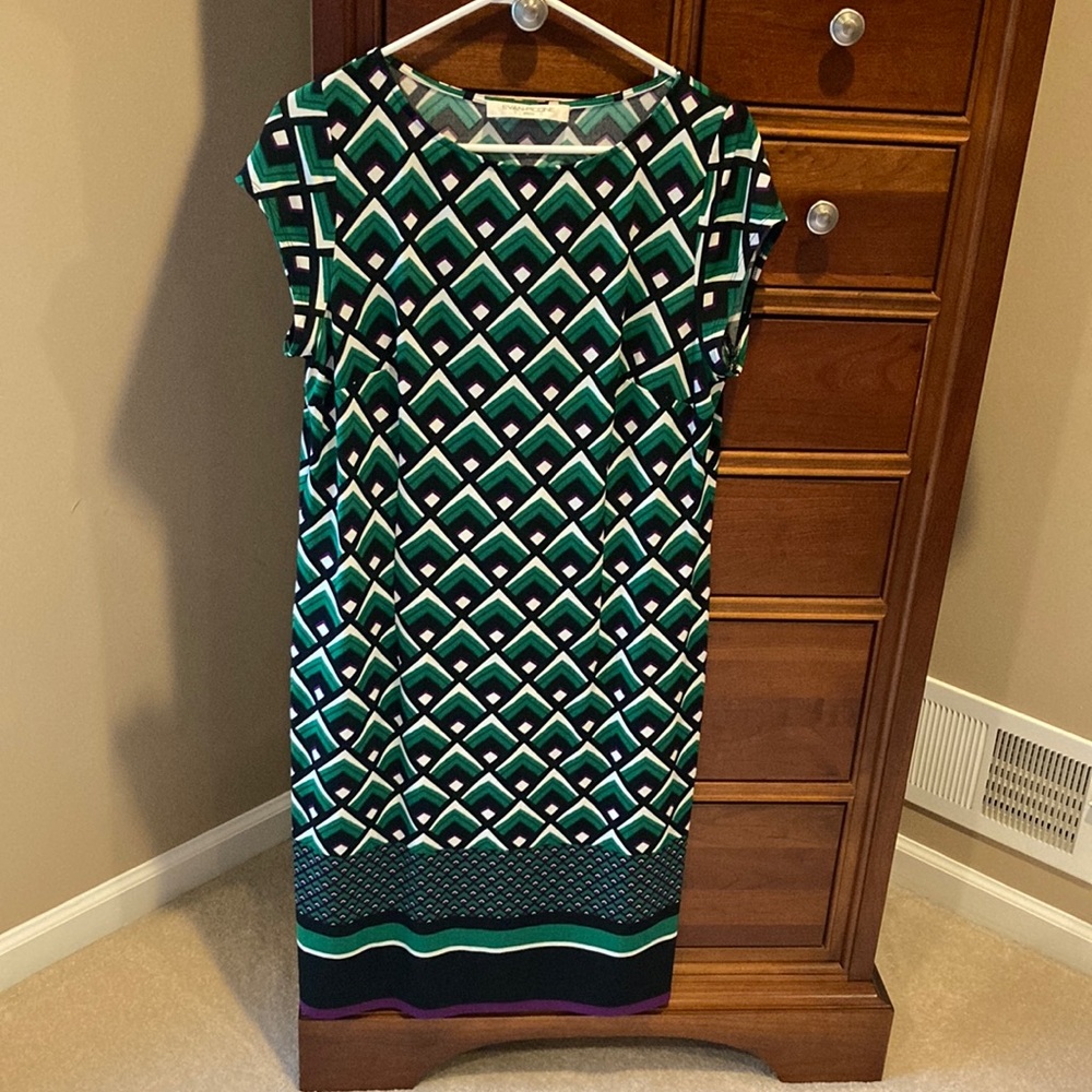 Evan Picone women’s dress, green, white, and black with purple trim on bottom
